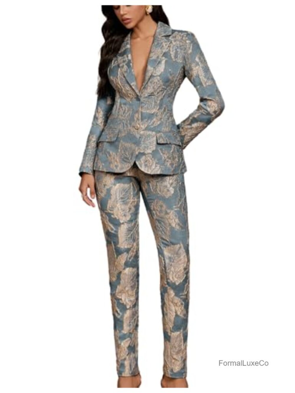 Women's Floral Jacquard Double-Breasted Blazer & Tapered Pants Suit Set